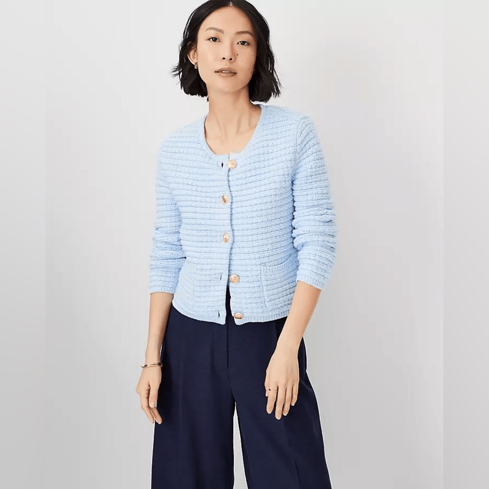 Ann Taylor Women’s Marled Geo Stitch Light Blue Sweater Sz L